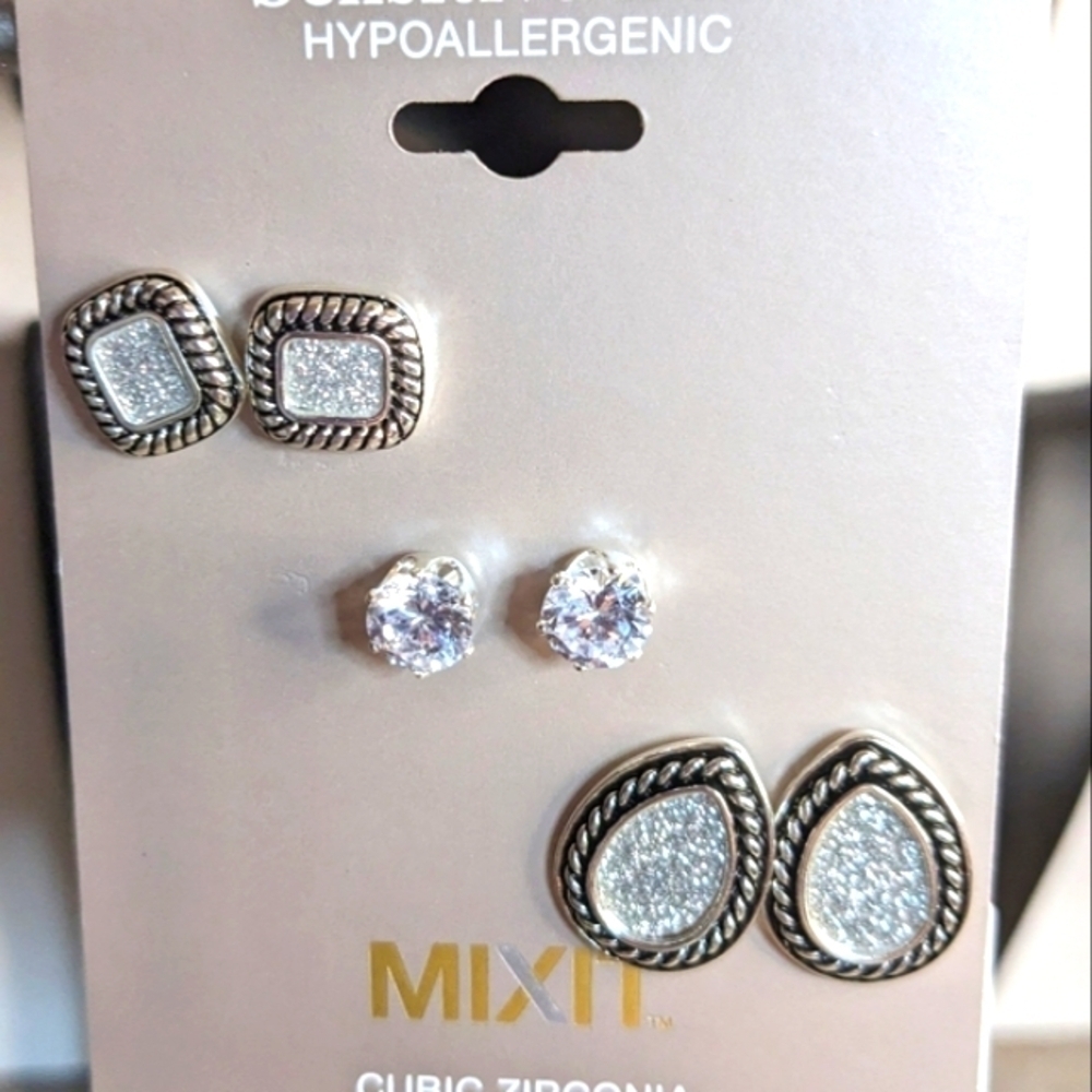MixIt Cubic Zirconia Silver Tone Earring Trio Set